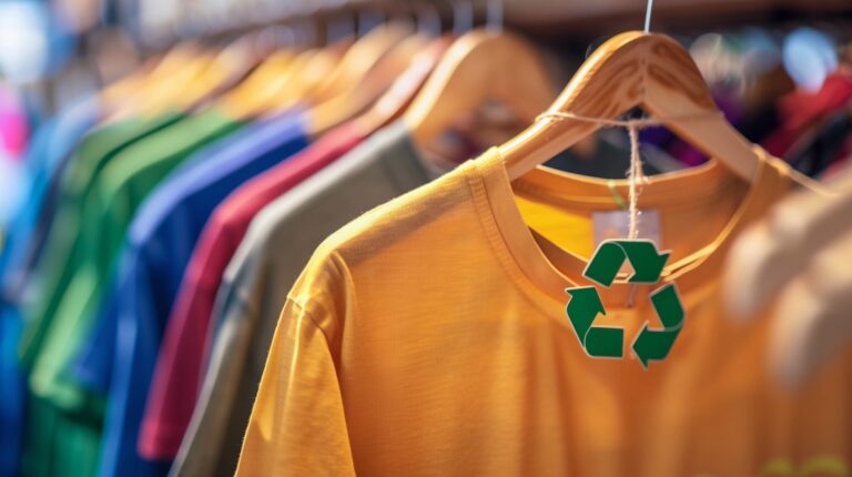 bright yellow shirt with a recycle symbol on the tag, highlighting sustainable fashion concepts in a clothing shop