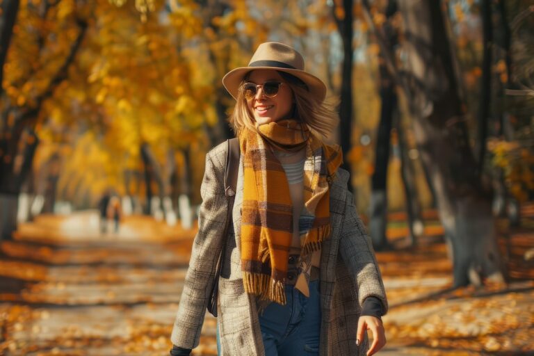 woman in an autumn coat hat and scarf